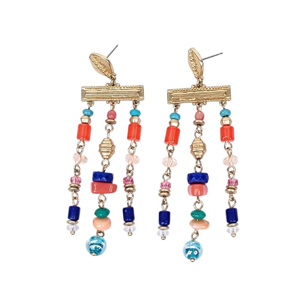 Chicos Earrings Gold Tone Colorful Dangle Beaded Chandelier Womens Tribal Light